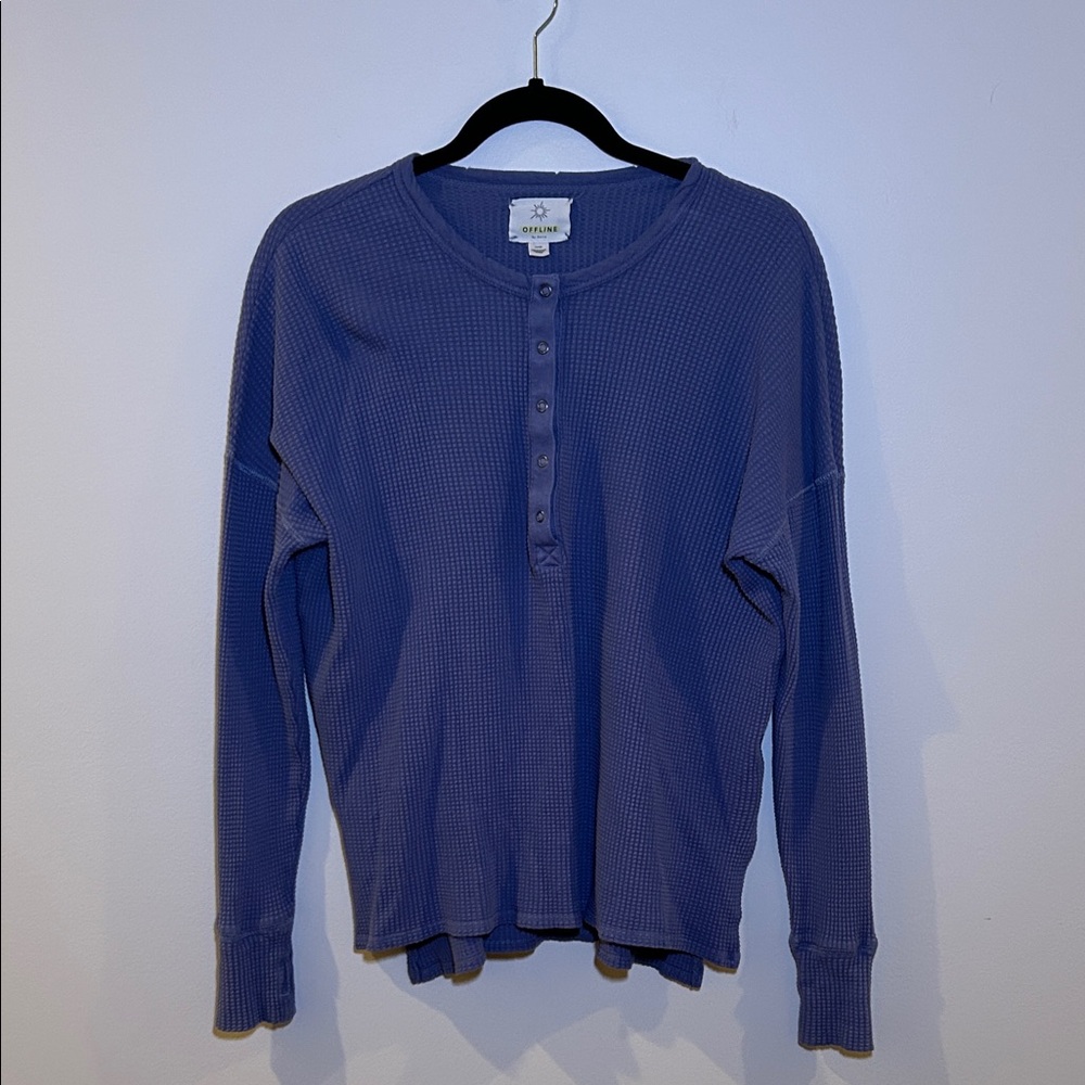 Aerie Women's Long Sleeve Henley in Blue, Size S, 3/4 Button Down, Thumb Holes
